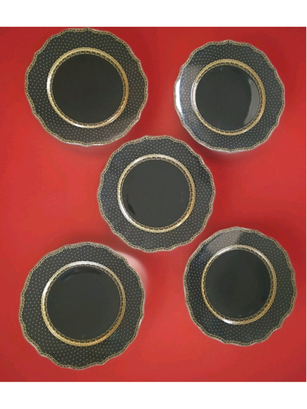 Robert Stanley Holiday Home Coll. Set 5 Dinner Plates-10.5"-Navy w/Gold Details